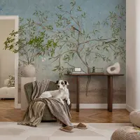 Coloray Vliesbehang - Grijs Snellijm Behang - 250x104 cm - Vogels In De Bomen Fotobehang Vlies - Hal behang Bloemen En Planten - Muurschildering - Woonkamer behang