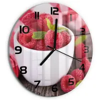 Tulup Wandklok - Frambozen in een kom Glazen Klok Met Print - fi30 cm - Rood Wandklok Glas Met Motief - Zwarte handen - Ronde Klok - Wandklok Glas Decoratie - Gekleurde Glazen Klok