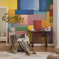 Coloray Vliesbehang - Geel Snellijm Behang - 312x219 cm - Gekleurde Rechthoeken Fotobehang Vlies - Hal behang Abstractie - Muurschildering - Hal behang