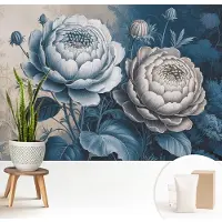 Wallfluent Fotobehang - Blauw Vliesbehang - 208x146 cm - Romantische Bloemen Fotobehang Vlies - Woonkamer behang Bloemen En Planten - Muurschildering - Woonkamer behang