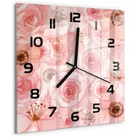 Tulup Wandklok - Bloemenpatroon Klok Glas Met Opdruk - 30x30 cm - Roze Moderne Wandklok Glas - Zwarte handen - Vierkante Klok - Decoratieve Glazen Klok - Glazen Wandklok Design