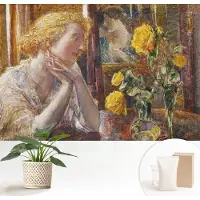 Wallfluent Fotobehang - Geel Vliesbehang - 152x104 cm - Vrouw Met Rozen Fotobehang Vlies - Hal behang Deel - Muurschildering - Woonkamer behang
