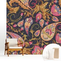 Wallfluent Fotobehang - Marine Vliesbehang - 250x250 cm - Kleurrijk Paisley-Patroon Muurschildering - Slaapkamer behang Achtergronden En Patronen - Fotobehang Vlies - Slaapkamer behang
