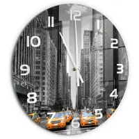 Tulup Wandklok - New Yorkse taxi's Decoratieve Glazen Klok - fi60 cm - Geel Glazen Wandklok Design - Witte handen - Ronde Klok - Glazen Klok Met Print - Wandklok Glas Met Motief
