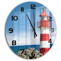 Tulup Wandklok - Vuurtoren Wandklok Glas Decoratie - fi60 cm - Rood Gekleurde Glazen Klok - Zwarte handen - Ronde Klok - Klok Glas Met Opdruk - Moderne Wandklok Glas