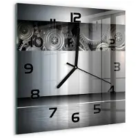Tulup Wandklok - Tandwielabstractie Glazen Klok Met Print - 30x30 cm - Zilver Wandklok Glas Met Motief - Zwarte handen - Vierkante Klok - Wandklok Glas Decoratie - Gekleurde Glazen Klok