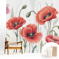 Wallfluent Fotobehang - Rood Vliesbehang - 250x250 cm - Rode Klaprozen Fotobehang Vlies - Hal behang Bloemen En Planten - Muurschildering - Woonkamer behang
