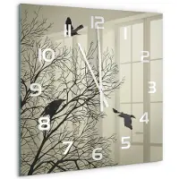 Tulup Wandklok - Raven in de boom Glazen Wandklok Design - 60x60 cm - Beige Klok Glas Met Opdruk - Witte handen - Vierkante Klok - Wandklok Glas Met Motief - Decoratieve Glazen Klok