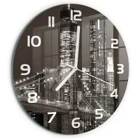 Tulup Wandklok - Manhattan, New York Gekleurde Glazen Klok - fi30 cm - Zwart-wit Glazen Klok Met Print - Witte handen - Ronde Klok - Moderne Wandklok Glas - Wandklok Glas Decoratie