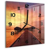 Tulup Wandklok - Bungalows op de Malediven Moderne Wandklok Glas - 30x30 cm - Oranje Wandklok Glas Decoratie - Zwarte handen - Vierkante Klok - Glazen Wandklok Design - Klok Glas Met Opdruk