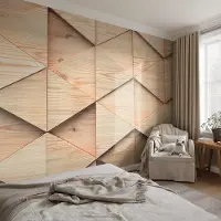 Coloray Vliesbehang - Beige Snellijm Behang - 104x70 cm - Houten Mozaïek Fotobehang Vlies - Woonkamer behang Texturen - Muurschildering - Hal behang
