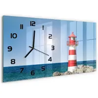 Tulup Wandklok - Vuurtoren Moderne Wandklok Glas - 60x30 cm - Rood Wandklok Glas Decoratie - Zwarte handen - Rechthoekige Klok - Glazen Wandklok Design - Klok Glas Met Opdruk