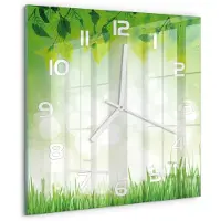 Tulup Wandklok - Bladeren en gras Glazen Wandklok Design - 30x30 cm - Groente Klok Glas Met Opdruk - Witte handen - Vierkante Klok - Wandklok Glas Met Motief - Decoratieve Glazen Klok