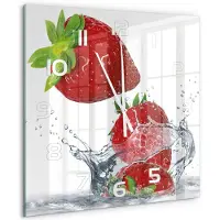 Tulup Wandklok - Aardbeien en water Glazen Klok Met Print - 60x60 cm - Rood Wandklok Glas Met Motief - Witte handen - Vierkante Klok - Wandklok Glas Decoratie - Gekleurde Glazen Klok