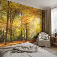 Coloray Vliesbehang - Geel Snellijm Behang - 416x254 cm - Gouden Bladeren Fotobehang Vlies - Woonkamer behang Landschappen - Muurschildering - Hal behang