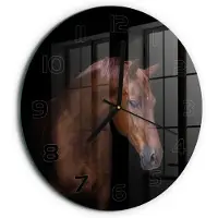 Tulup Wandklok - Bruin Paard Glazen Klok Met Print - fi30 cm - Bruin Wandklok Glas Met Motief - Zwarte handen - Ronde Klok - Wandklok Glas Decoratie - Gekleurde Glazen Klok