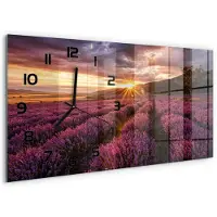 Tulup Wandklok - Lavendelveld Moderne Wandklok Glas - 60x30 cm - Paars Wandklok Glas Decoratie - Zwarte handen - Rechthoekige Klok - Glazen Wandklok Design - Klok Glas Met Opdruk