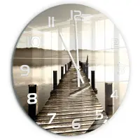 Tulup Wandklok - Houten brug Glazen Klok Met Print - fi60 cm - Bruin Wandklok Glas Met Motief - Witte handen - Ronde Klok - Wandklok Glas Decoratie - Gekleurde Glazen Klok