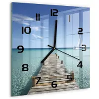 Tulup Wandklok - Houten brug Klok Glas Met Opdruk - 30x30 cm - Blauw Moderne Wandklok Glas - Zwarte handen - Vierkante Klok - Decoratieve Glazen Klok - Glazen Wandklok Design