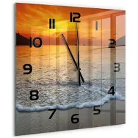 Tulup Wandklok - Zonsondergang Zee Wandklok Glas Decoratie - 60x60 cm - Oranje Gekleurde Glazen Klok - Zwarte handen - Vierkante Klok - Klok Glas Met Opdruk - Moderne Wandklok Glas