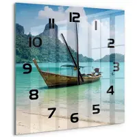Tulup Wandklok - Łódź Decoratieve Glazen Klok - 60x60 cm - Blauw Glazen Wandklok Design - Zwarte handen - Vierkante Klok - Glazen Klok Met Print - Wandklok Glas Met Motief