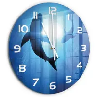 Tulup Wandklok - Twee haaien Wandklok Glas Met Motief - fi60 cm - Blauw Decoratieve Glazen Klok - Witte handen - Ronde Klok - Gekleurde Glazen Klok - Glazen Klok Met Print