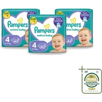 Pampers 3 x – Luiers – Active Baby Maat 4 (9-14 kg) – 62 Luiers - Wasstrips - Luiers Voor Baby - Droge Luiers - Actieve Baby - Superabsorberende Luiers - Anti-lek Luier