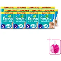 Pampers 12 x - Active Baby - Luiers - Maat 5 (11-16 kg) - Zachte Pasvorm - 64 Luiers - Bulkverpakking - Luiers voor baby - Douchemop - Droge huid