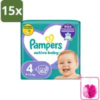 Pampers 15 x – Luiers – Active Baby Maat 4 (9-14 kg) – 62 Luiers - Bulkverpakking - Luiers voor baby - Douchemop - Droge luiers