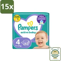 Pampers 15 x – Luiers – Active Baby Maat 4 (9-14 kg) – 62 Luiers - Wasstrips - Luiers Voor Baby - Droge Luiers - Actieve Baby - Superabsorberende Luiers - Anti-lek Luier