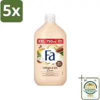 Fa 5 x - Cream & Oil Cacao - Bad- & Douchegel - Cacaoboter Met Kokosolie - 750 ml - Wasstrips - Bad En Douche Gel - Cacaoboter - Kokosolie - Huid Verzorging - Hydraterende Gel