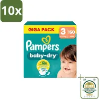 Pampers 10 x – Luiers – Baby Dry Maat 3 – 150 Luiers - Wasstrips - Baby-dry Luiers - Lekken Voorkomen - Droge Nachten - Comfortabele Luiers - Stop En Bescherm Pocket