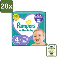 Pampers 20 x – Luiers – Active Baby Maat 4 (9-14 kg) – 62 Luiers - Wasstrips - Luiers Voor Baby - Droge Luiers - Actieve Baby - Superabsorberende Luiers - Anti-lek Luier