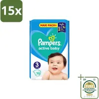 Pampers 15 x – Luiers – Active Baby Maat 3 – 70 Luiers - Wasstrips - Baby-luiers - Droge Billetjes - Huidbescherming - Luchtdoorlatende Luiers - Absorberende Luiers