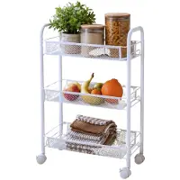 Storage solutions Keuken trolley rekje - wit - metaal - 44 x 26 x 64 cm - 3 levels met draadmanden - op wielen - verrijdbare opslag unit
