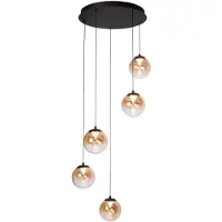 Atmooz MONZA 5 – Hanglamp – Ronde plafondlamp met 5 hangers – Ø 45 cm – Zwart metaal – Amberkleurig en getint glas – Dimbaar