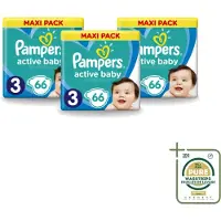 Pampers 3 x – Luiers – Active Baby Dry Maat 3 – 66 Luiers - Wasstrips - Baby Luier - Droge Luier - Vochtabsorptie - Superabsorberende Kern - Luier Voor Baby