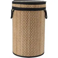 Tendance Wasmand met deksel bamboe - naturel/zwart - rond - katoen/bamboe - 67 liter - 35 x 35 x 55 cm