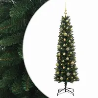 vidaXL - Smalle - kunstkerstboom - met - kerstbal - 120 - cm - 150 - LED's - Warmwit