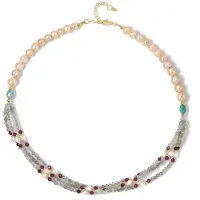 Cavill - Verstelbare Halsketting 925 Sterling Zilver Verguld - Labradoriet 25,94 ct - Turkoois & Robijn Parels - Elegante Sieraden