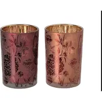 J-Line theelichthouder Bloemen - glas - bordeaux - large - 2 stuks