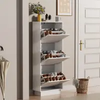 UEV Schoenenkast met 3 kleppen, schoenenkast met lijnpatroon, schoenenrek met anti-kantelfunctie, voor hal, entree, woonkamer, 50 x 24 x 131 cm, wit