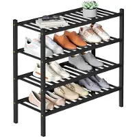 Smiry Schoenenrek - 4 Lagen - Bamboe Schoenenrek - Bamboe Schoenenkast -Voor 15 paar schoenen- 68x28x66cm - Bamboe - Zwart