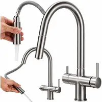 Fd 3-weg Keukenmengkraan met Uitrekbare Spuit & Waterfilter Aansluiting - Grijs