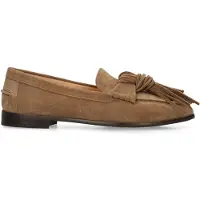 Manfield Taupe suède loafers met franjes | Maat 42