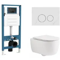 Qeramiq Dely Swirl Toiletset - inbouwreservoir Flush - slim zitting - natuursteen wit marmeren bedieningsplaat - ronde knoppen - mat wit SW1026257/SW1448813/SW1000766/SW1244456