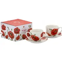 Marco polo 2x Porseleinen Mokken met Schotel, 260 ml, Klaprozen Design