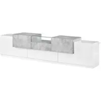 MODFU Hoogglans TV-meubel, 200 cm. TV-kast met 4 deuren, een lade en een glazen plank, witte TV-kast met cementlook, woonkamerkast met kabeldoorvoeren