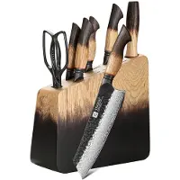 Xinzuo Messenset 8-delig – X06 Mo Series – Damascus Staal – Gebrand Eiken Handvat en Blok – Complete Keukenmessenset met keukenschaar en slijpstaaf