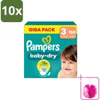 Pampers 10 x – Luiers – Baby Dry Maat 3 – 150 Luiers - Bulkverpakking - Baby-dry luiers - Douchemop - Lekken voorkomen
